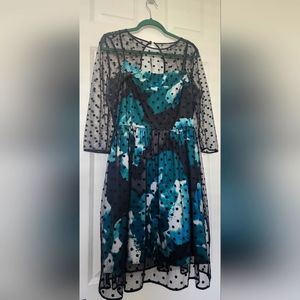 Eliza J Polka Dot Overlay Dress with Sleeves and pockets